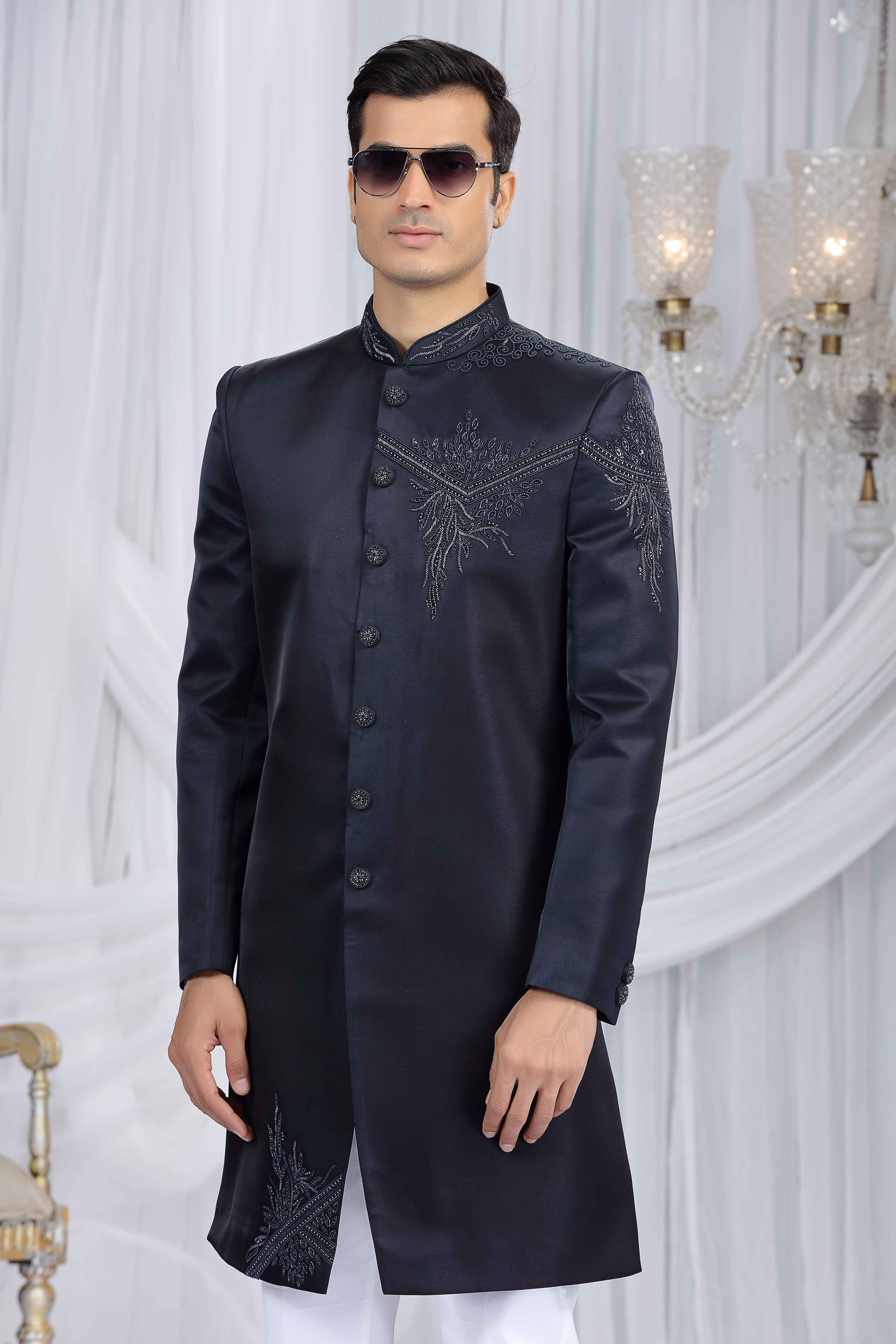 Navy Blue Shoulder Embroidered Sherwani for Men