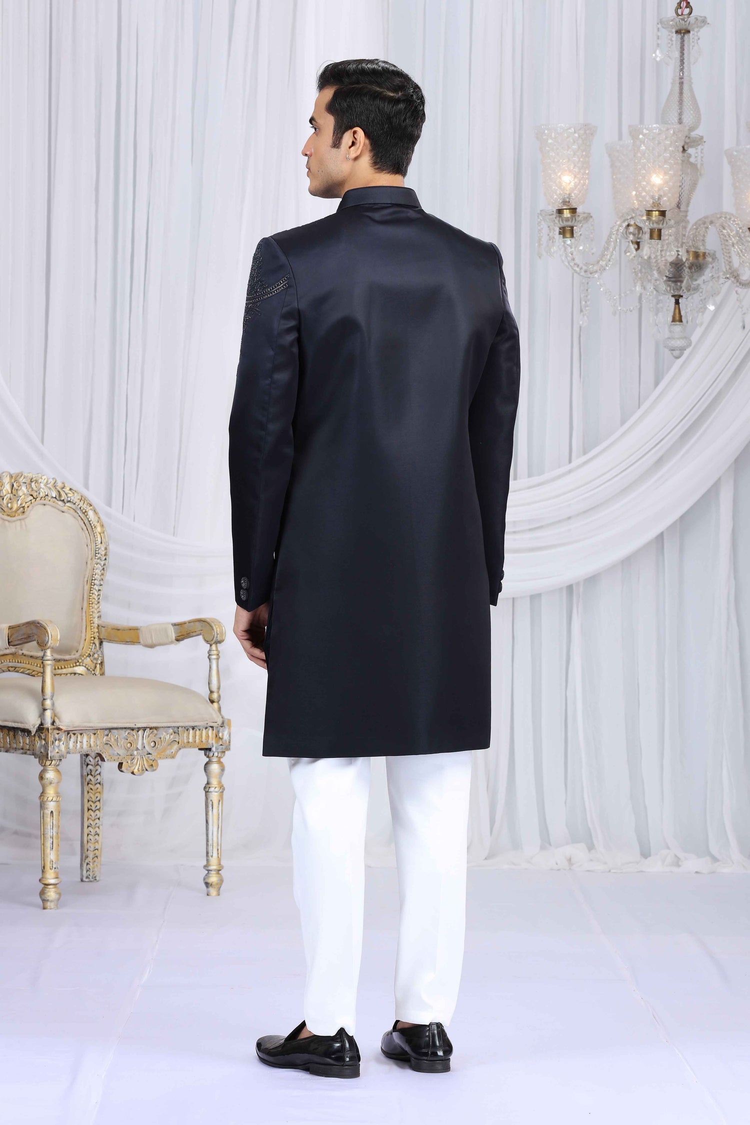 Navy Blue Shoulder Embroidered Sherwani for Men Sherwani for Men Anant Tex Exports Pvt.Ltd..