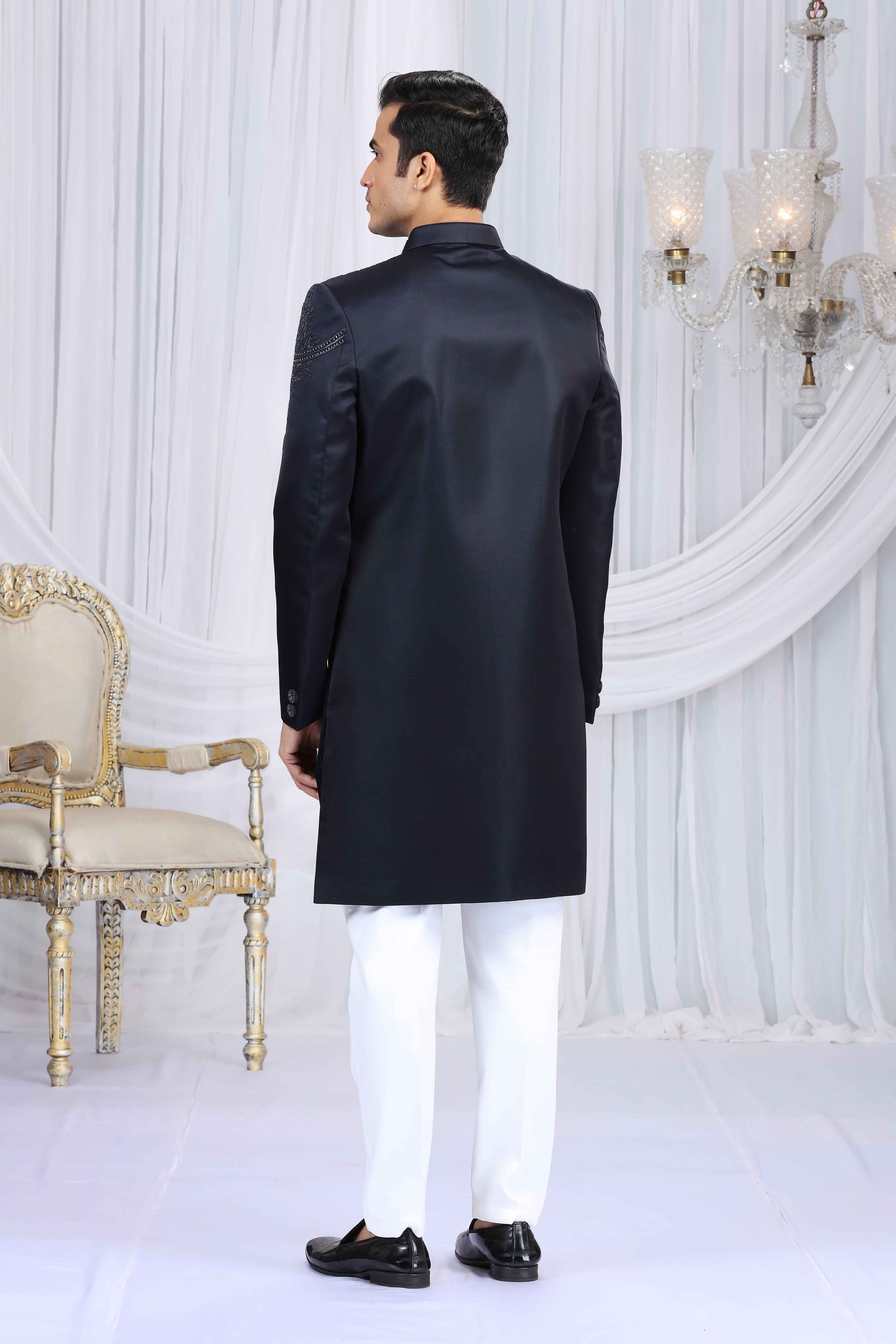 Navy Blue Shoulder Embroidered Sherwani for Men