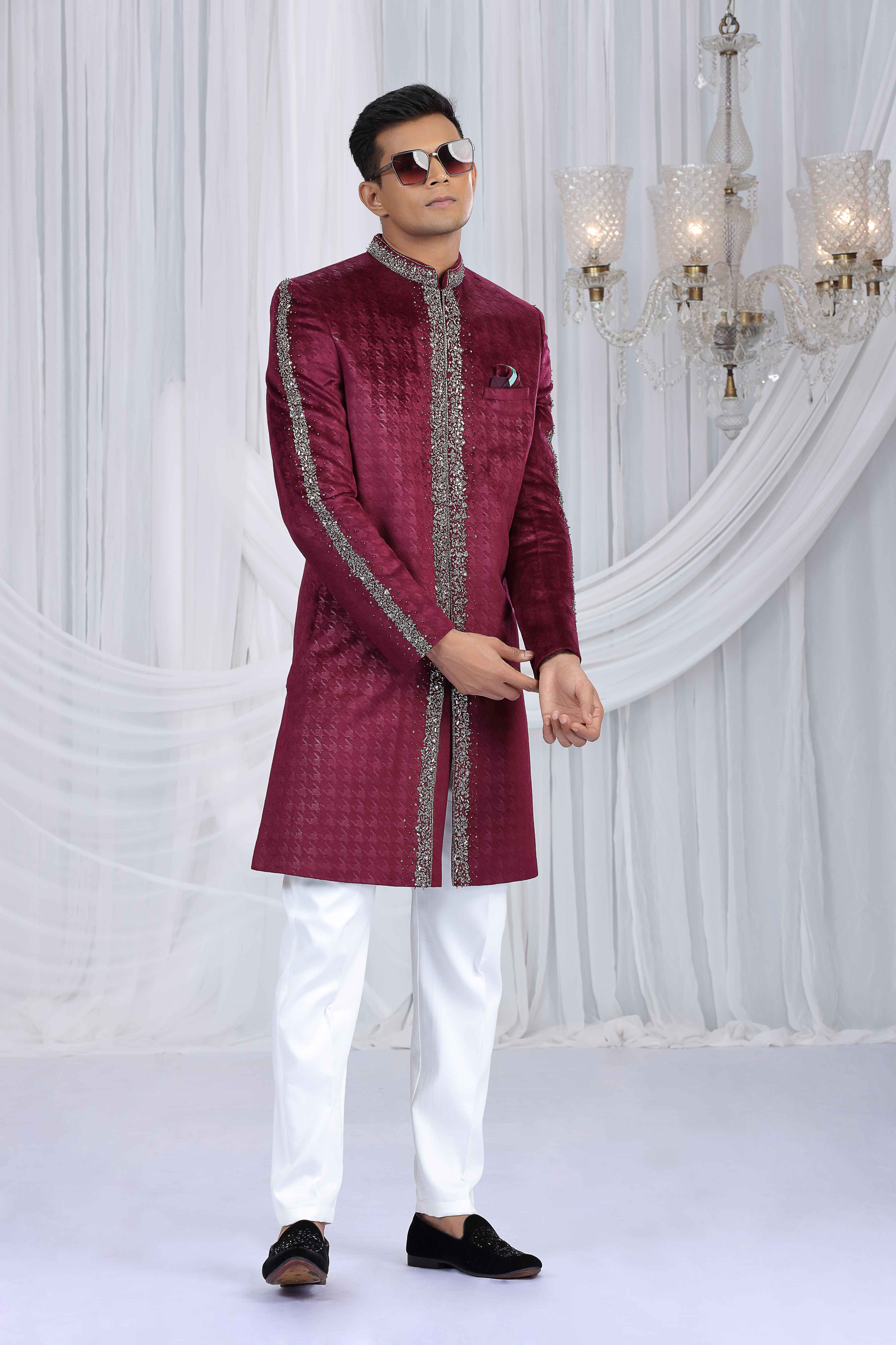 Red Front-Panel Embroidered Sherwani for Men