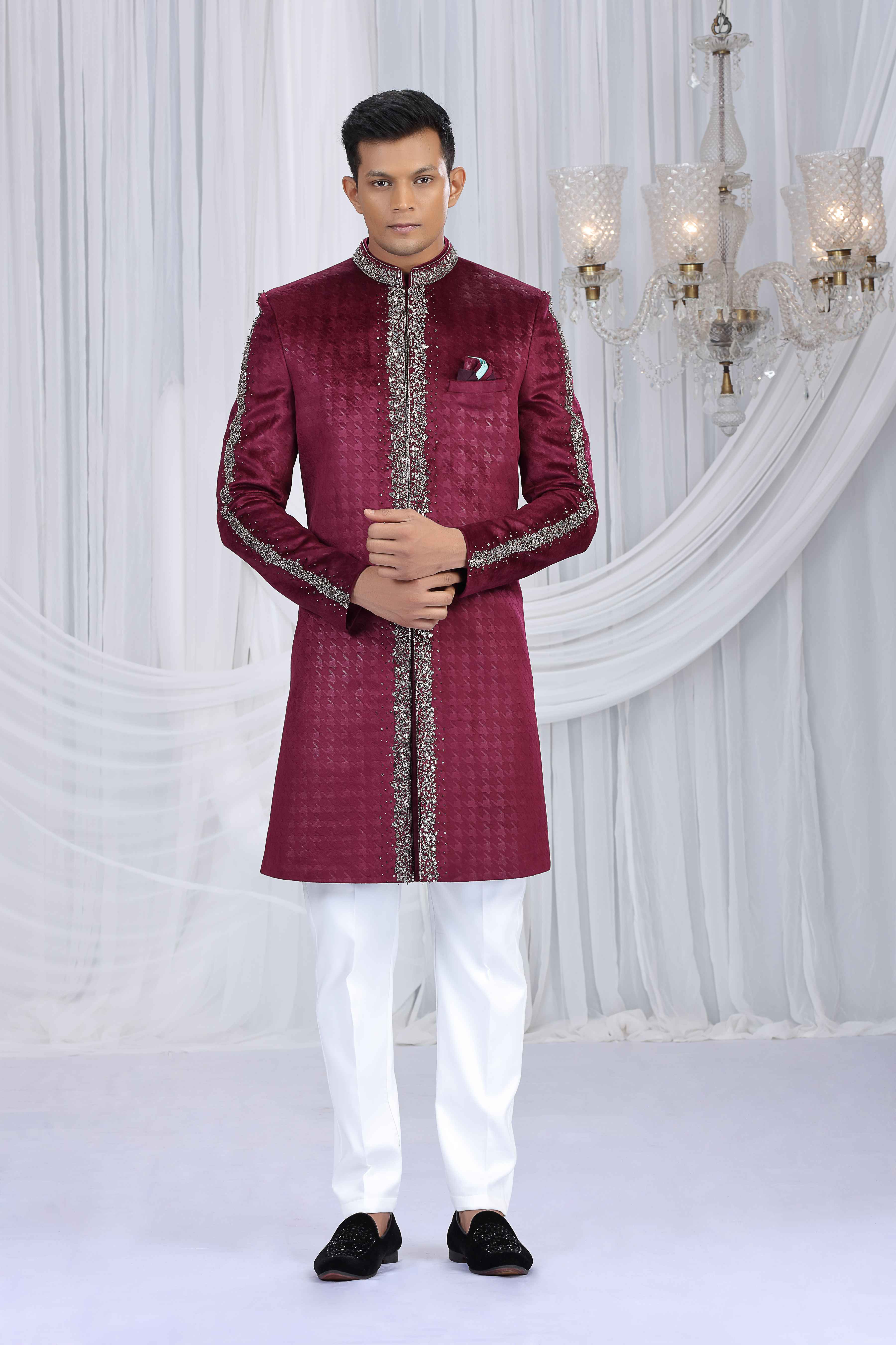 Red Front-Panel Embroidered Sherwani for Men Sherwani for Men Anant Tex Exports Pvt.Ltd..