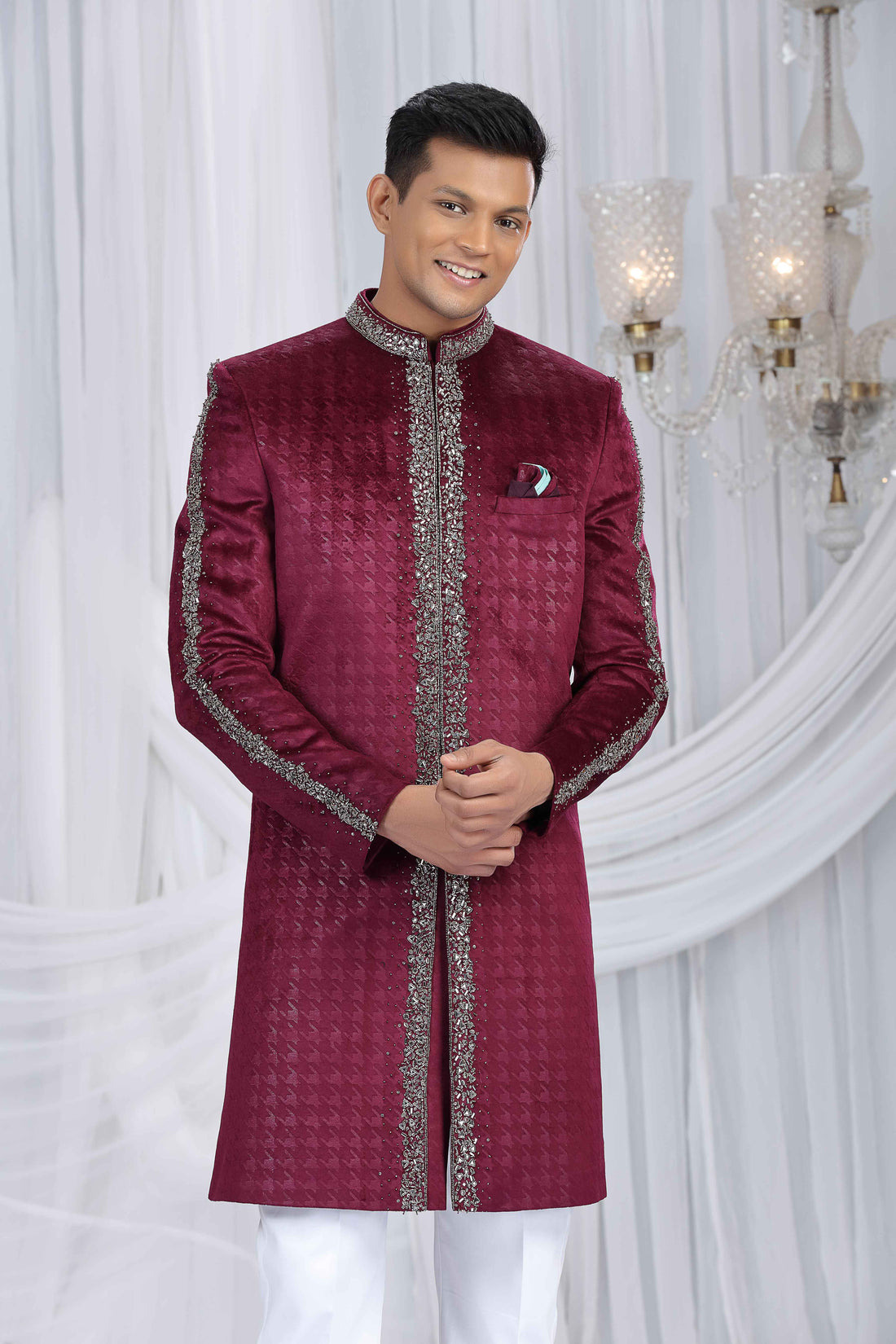 Red Front-Panel Embroidered Sherwani for Men Sherwani for Men Anant Tex Exports Pvt.Ltd..