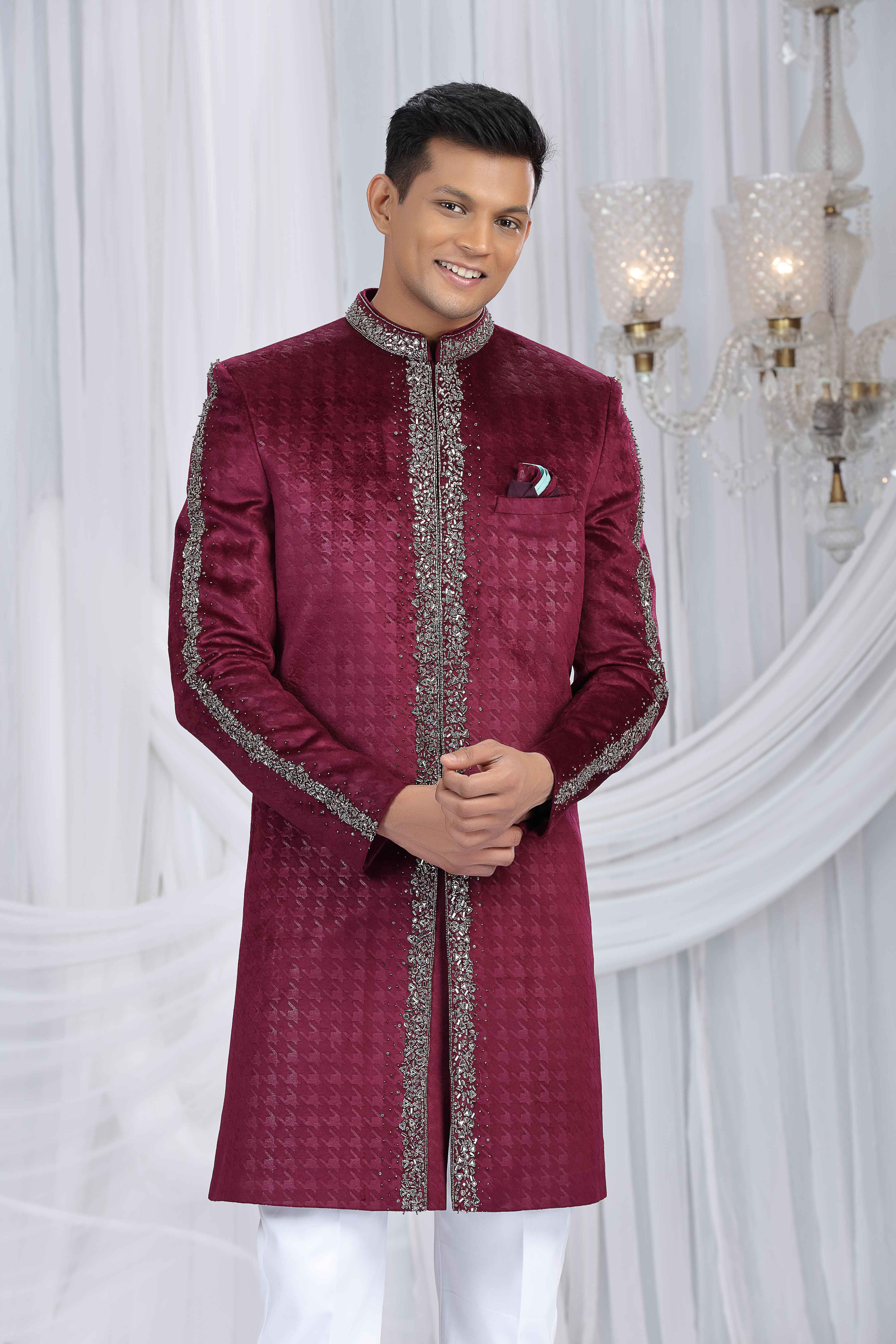Red Front-Panel Embroidered Sherwani for Men