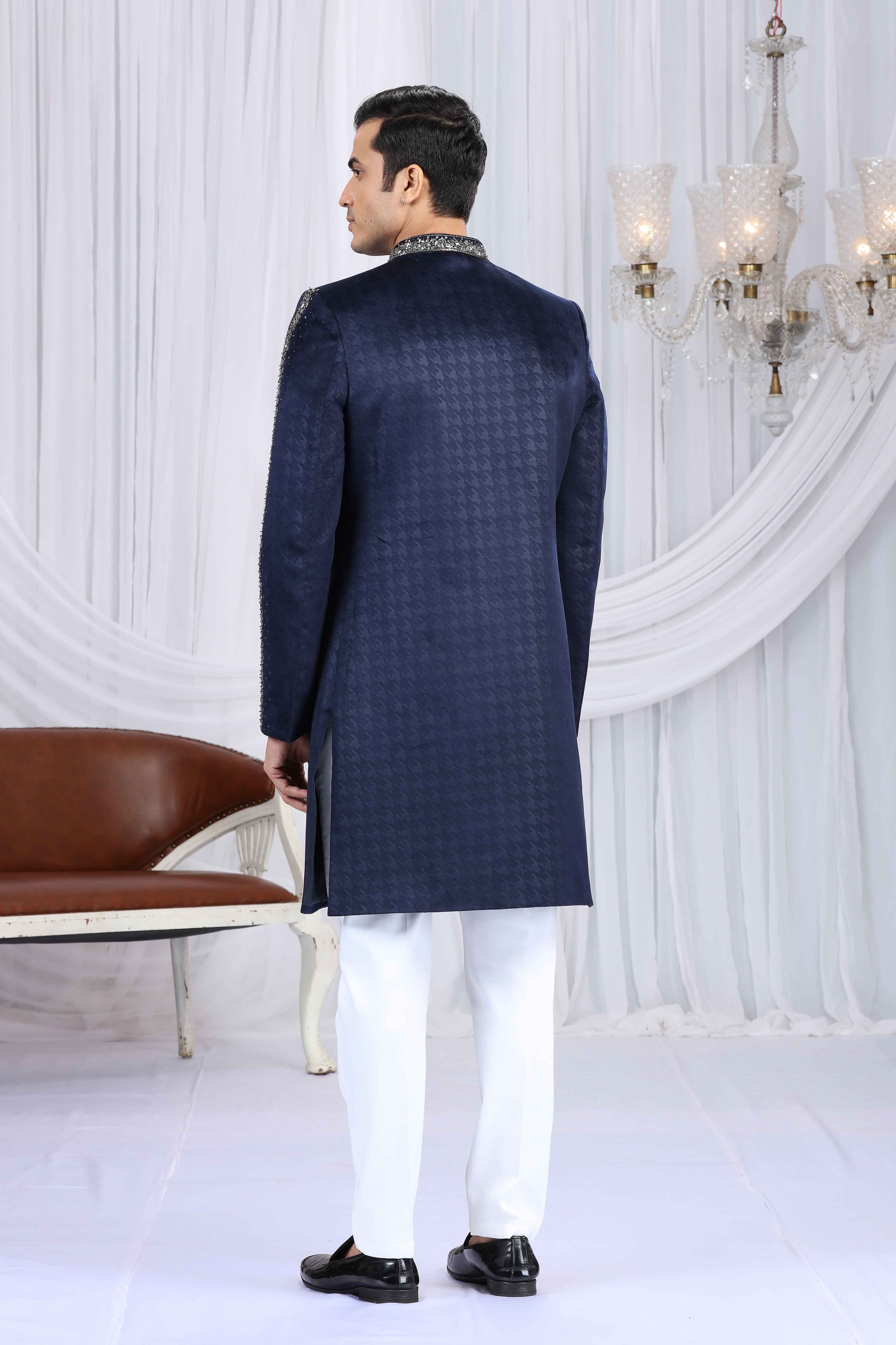Royal Blue Embroidered Panel Sherwani for Groom
