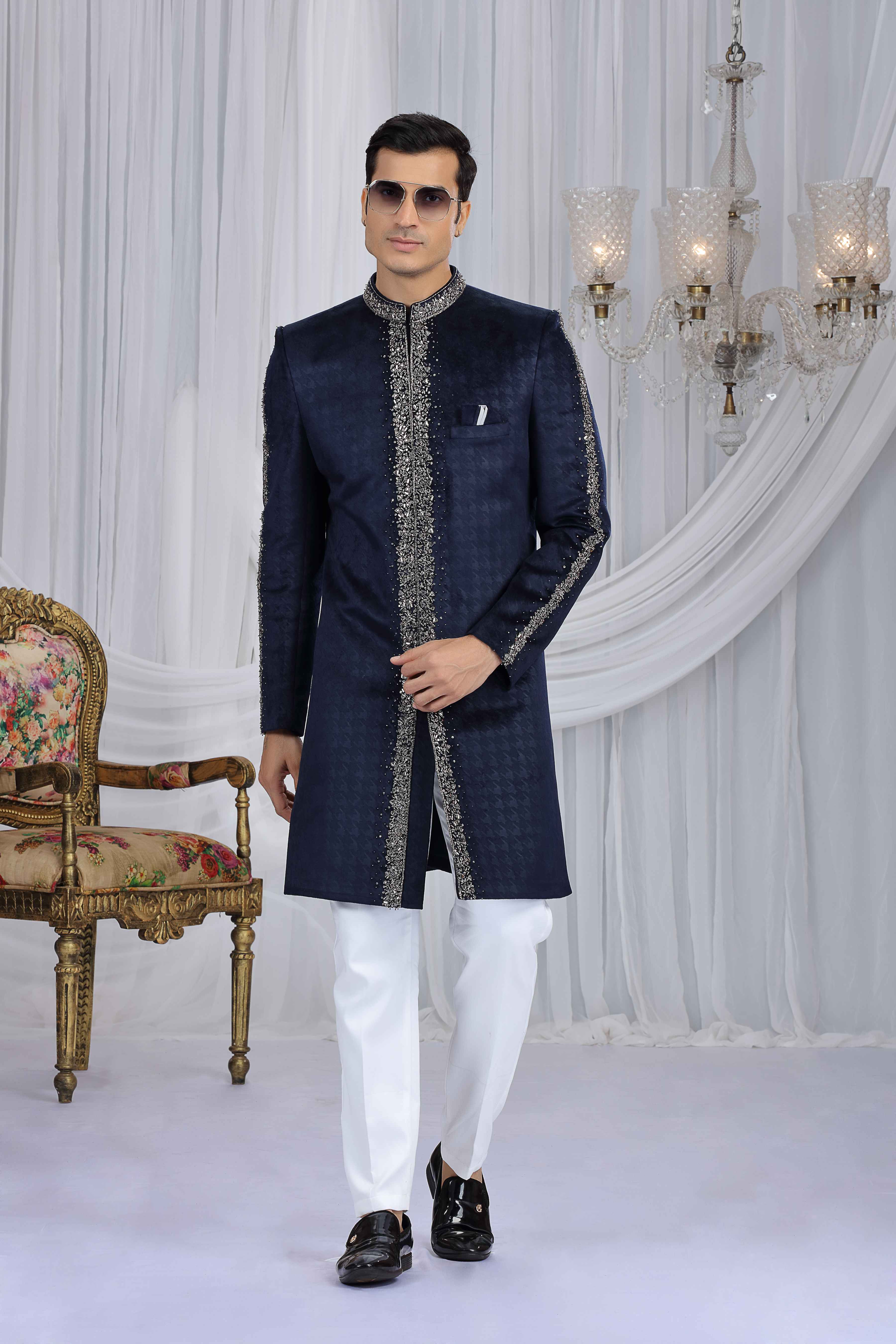 Royal Blue Embroidered Panel Sherwani for Groom