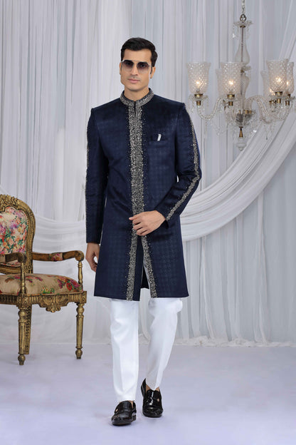 Royal Blue Embroidered Panel Sherwani for Groom Sherwani for Men Anant Tex Exports Pvt.Ltd..