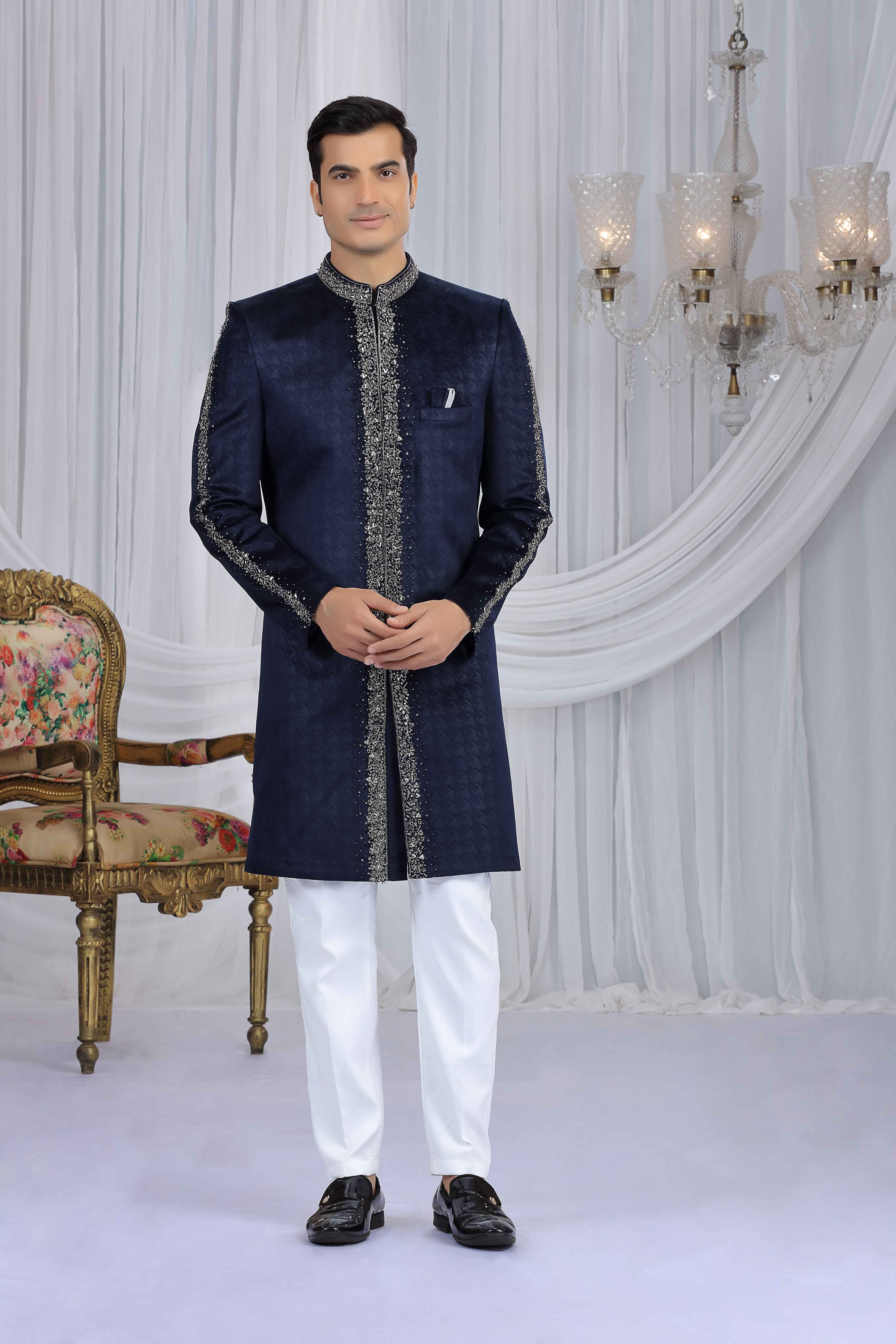 Royal Blue Embroidered Panel Sherwani for Groom