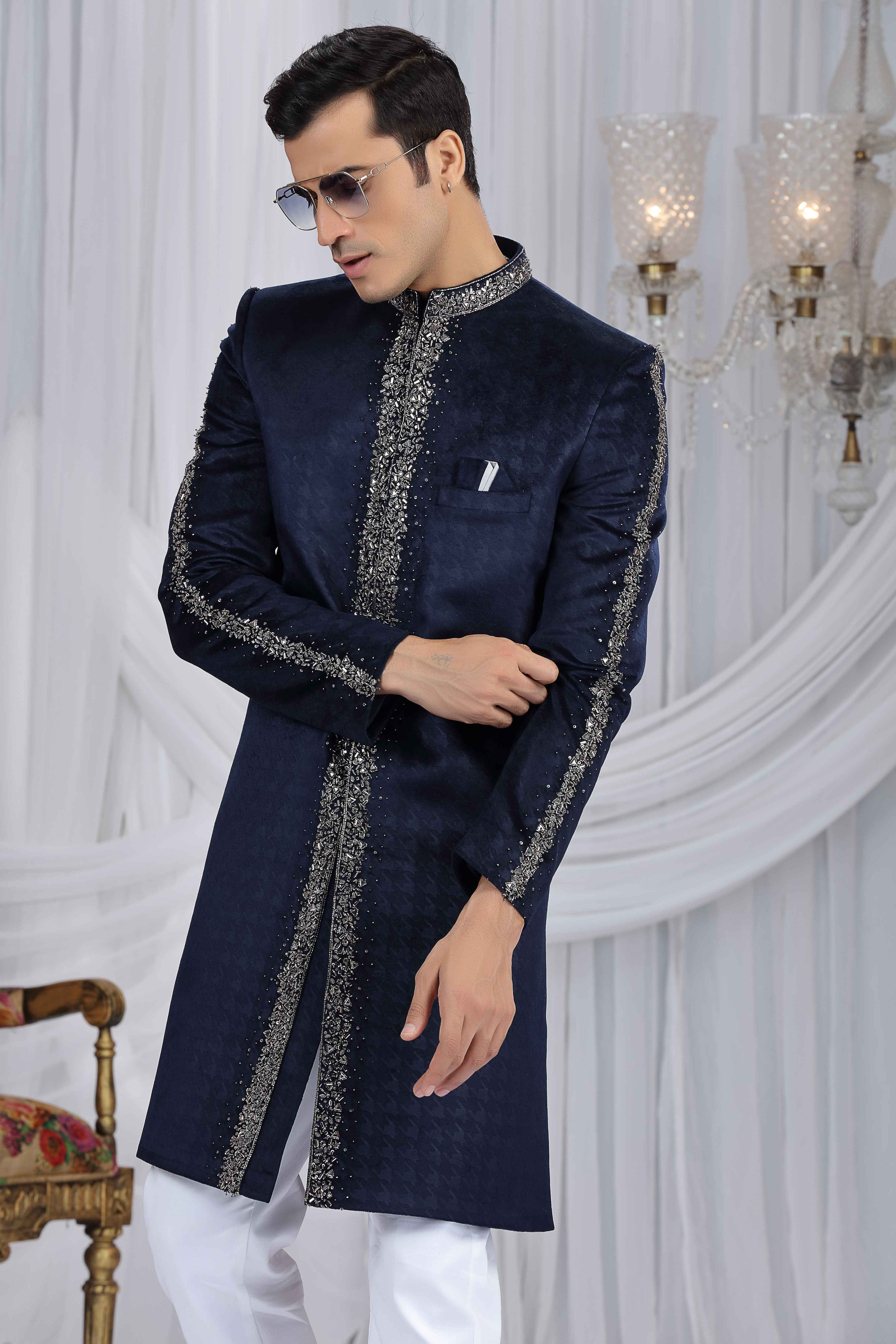 Royal Blue Embroidered Panel Sherwani for Groom