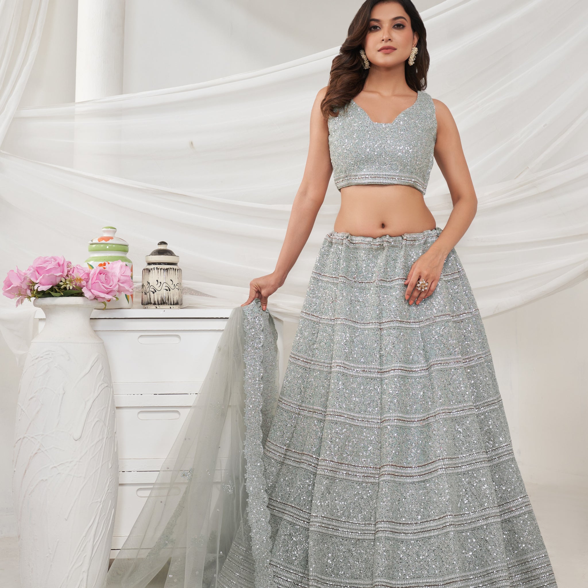 Elegant Grey Lehenga Set with Sequin & Stone Embellishments