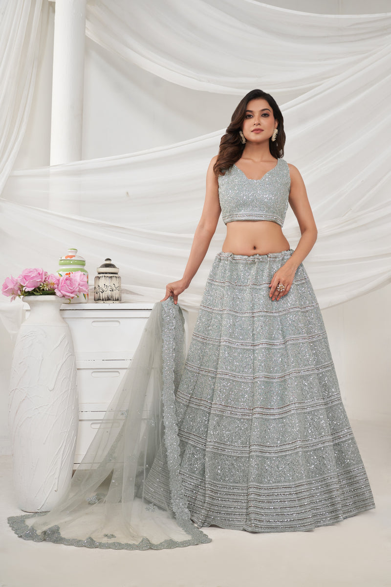 Elegant Grey Lehenga Set with Sequin & Stone Embellishments