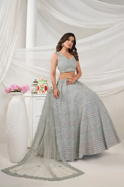 Elegant Grey Lehenga Set with Sequin &amp; Stone Embellishments