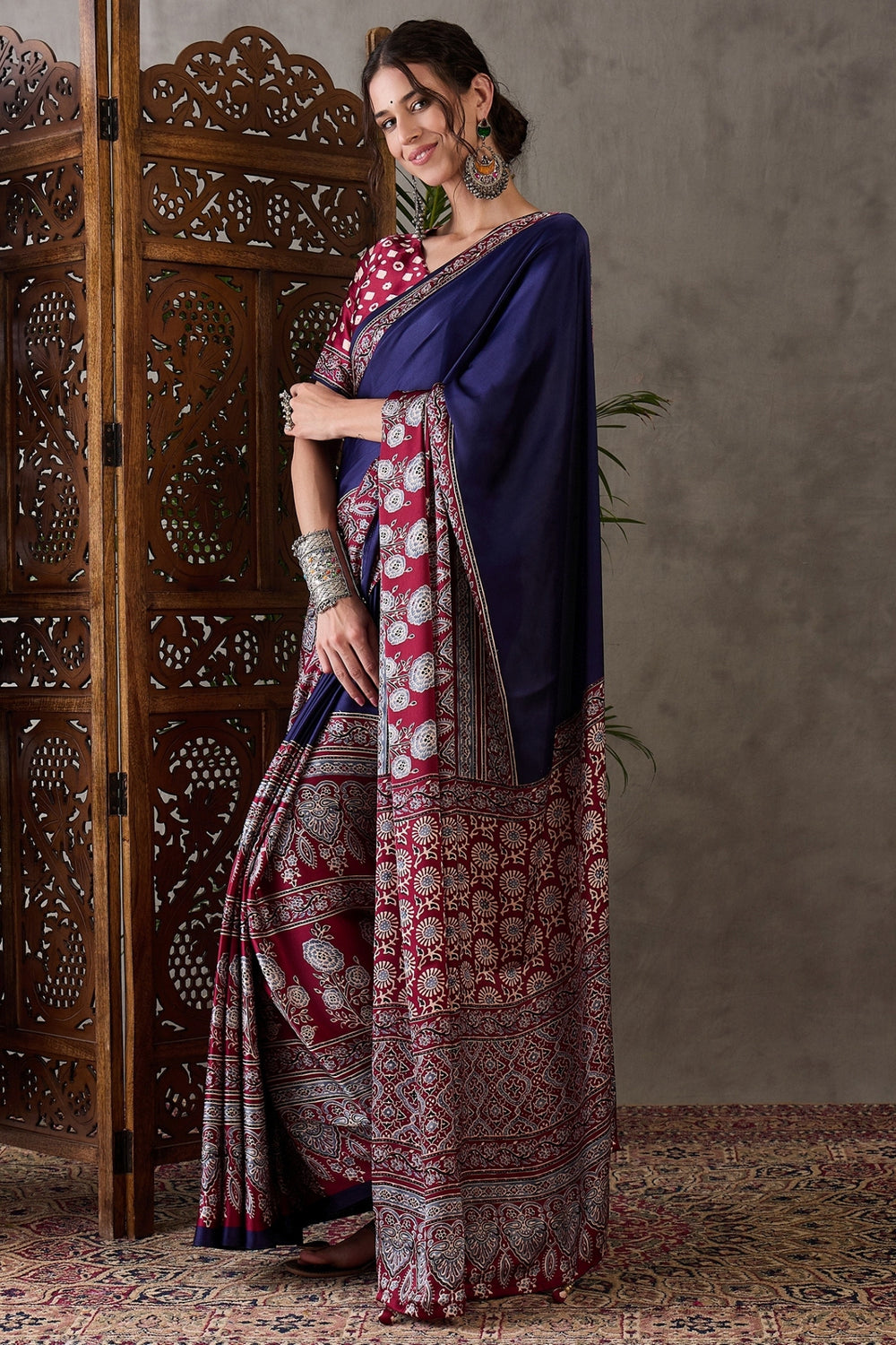 Navy Blue Pure Soft Modal Satin Ajrakh Print Satin Saree Japan Satin Saree Anant Tex Exports Pvt.Ltd..