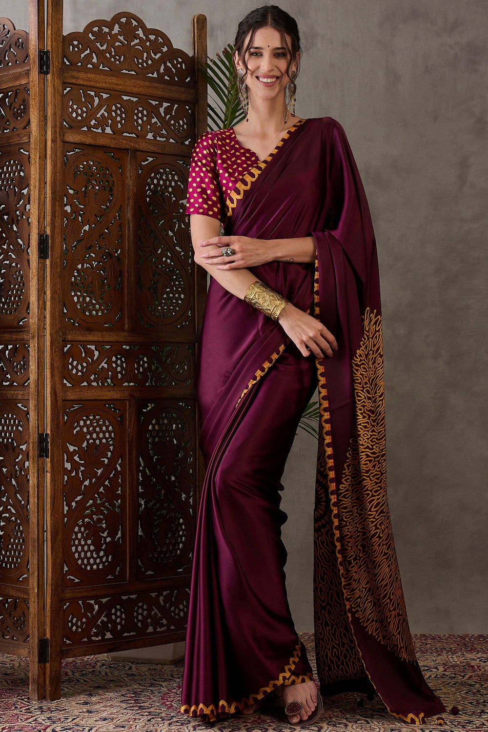 Maroon Pure Gaji Silk Satin Printed Saree 