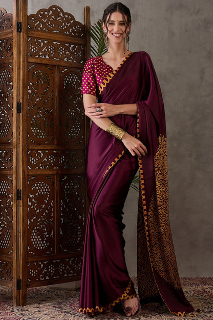 Maroon Pure Gaji Silk Satin Printed Saree 