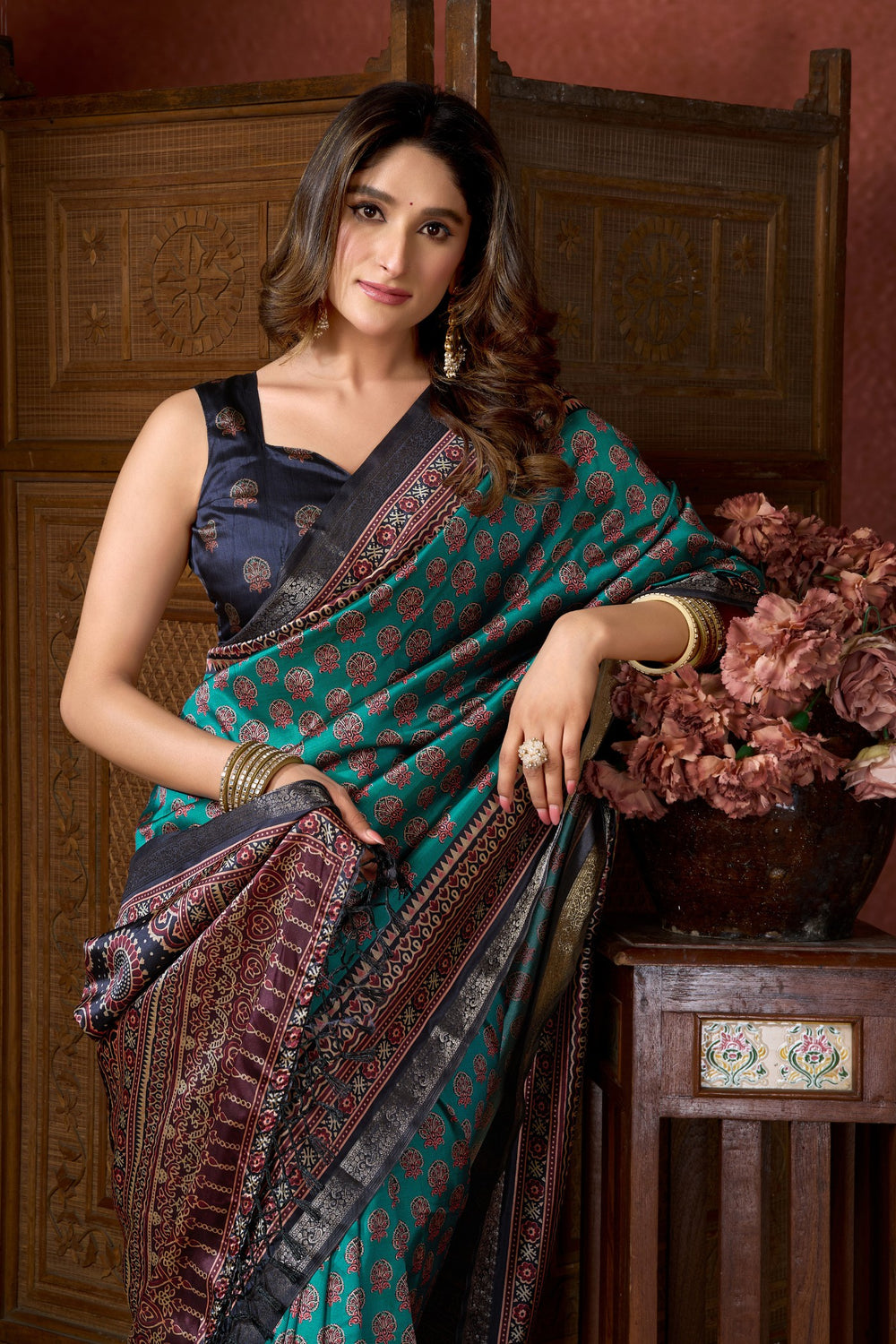 France Blue Pure Cluster Silk Ajarkh Digital Printed Saree 