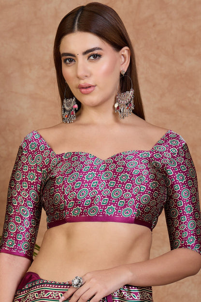 Cream and Purple Pure Soft Modal Satin Ajrakh Print Satin Saree Japan Satin Saree Anant Tex Exports Pvt.Ltd..