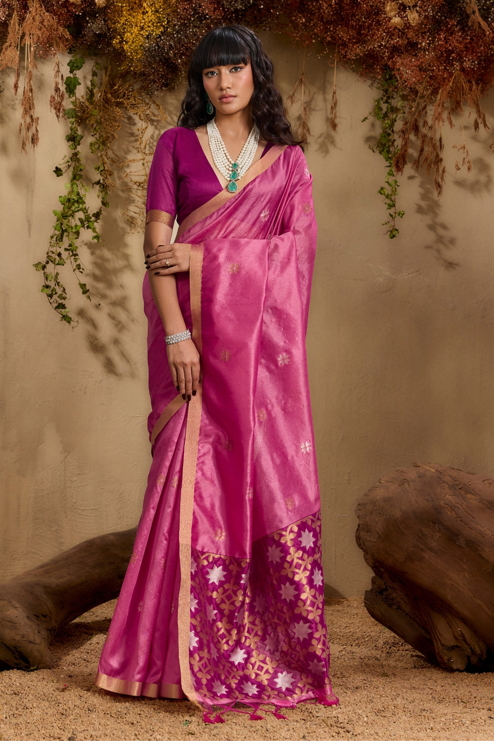 Pink Pure Tussar Handloom Silk Saree 