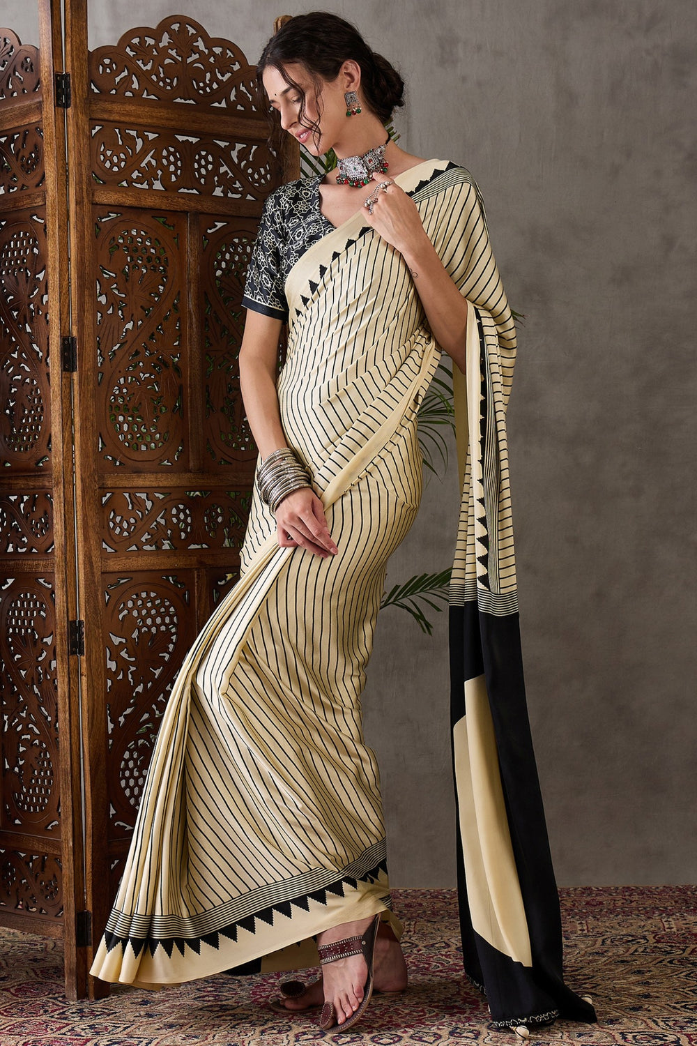 White Printed Satin Gaji Silk Saree 