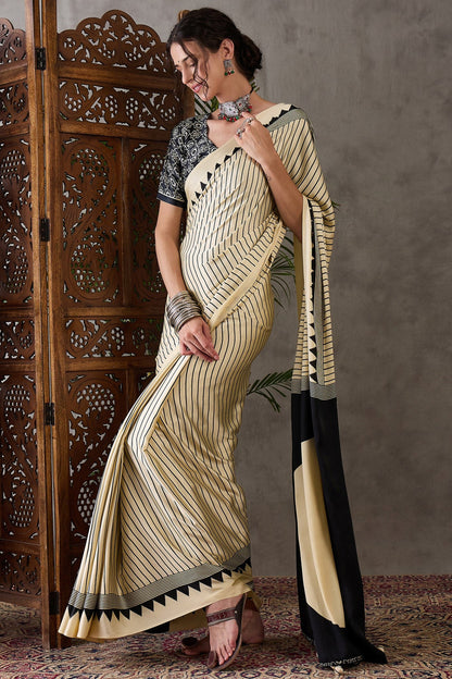 White Printed Satin Gaji Silk Saree 
