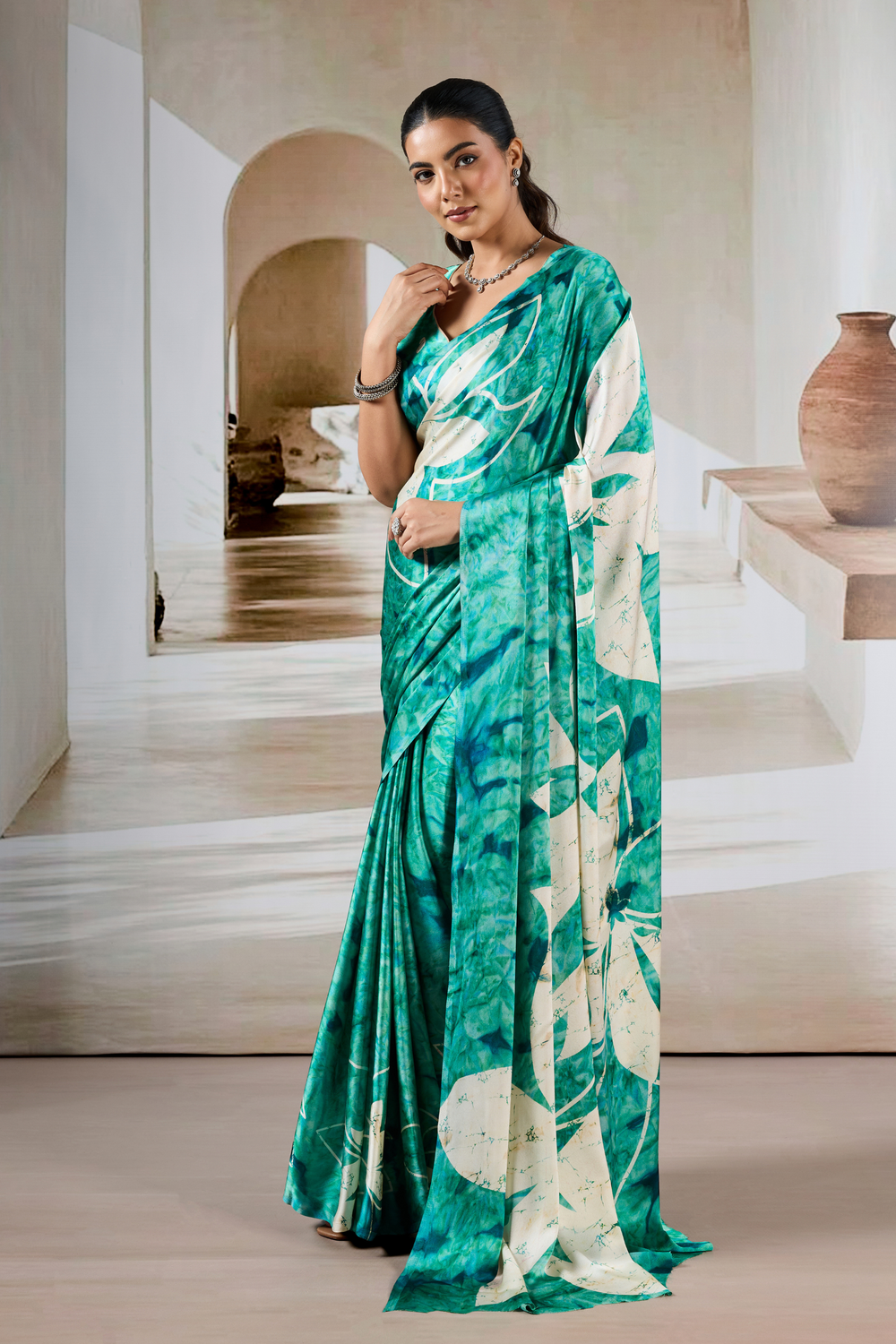 Sea Green Modal Satin Hand Prism Print Saree 