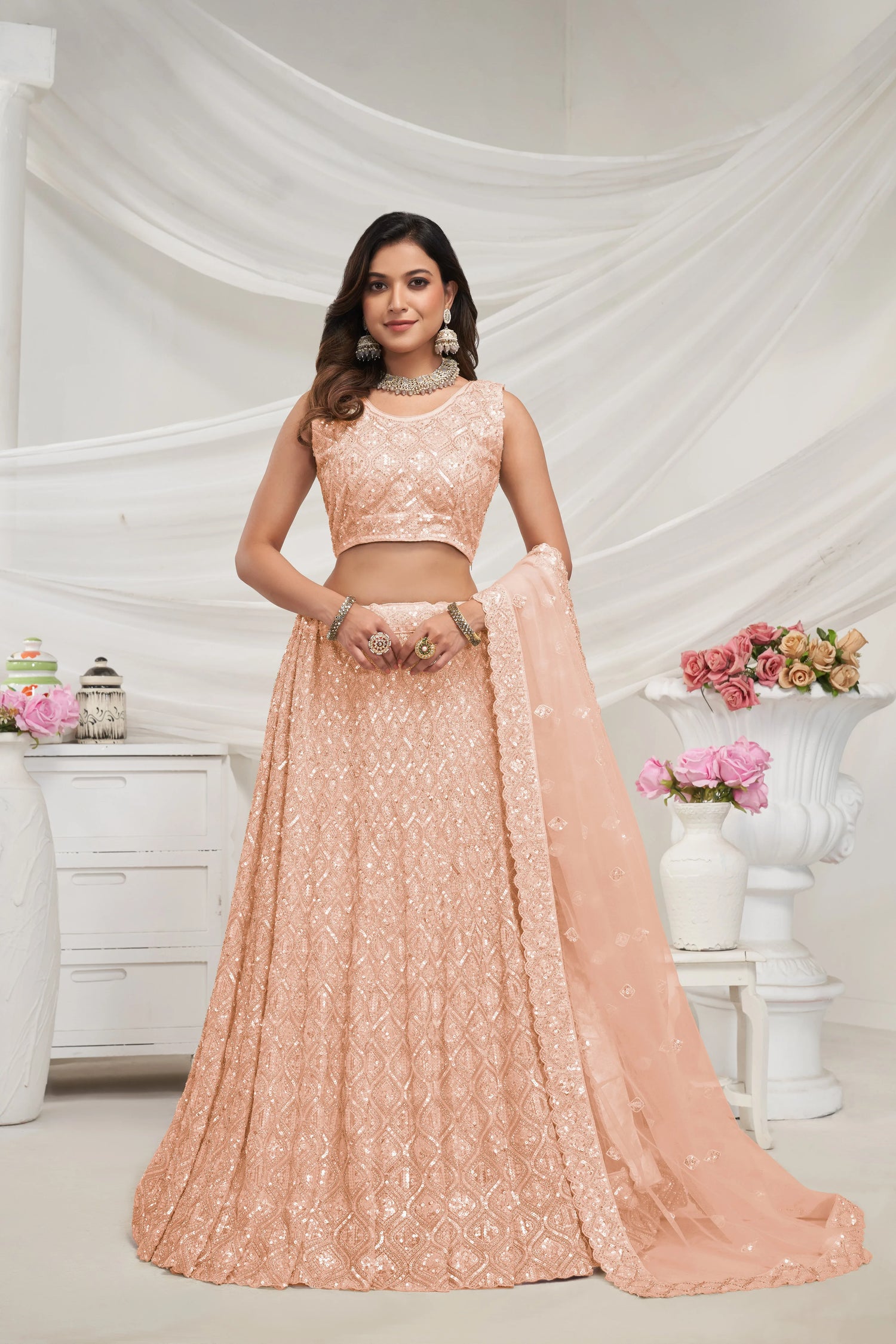 Elegant Peach Soft Net Lehenga Choli with Diamond Sequin Work