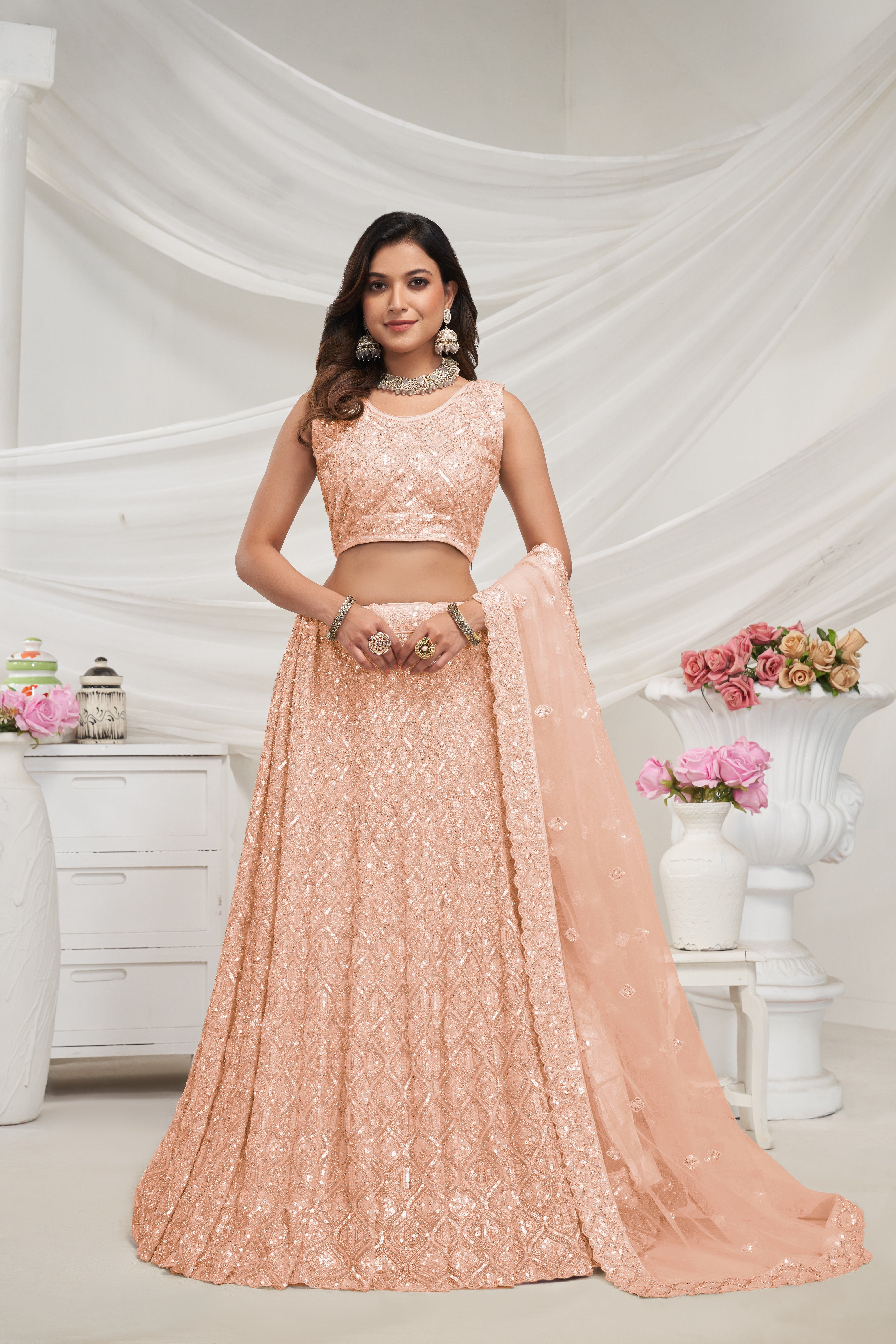 Elegant Peach Soft Net Lehenga Choli with Diamond Sequin Work