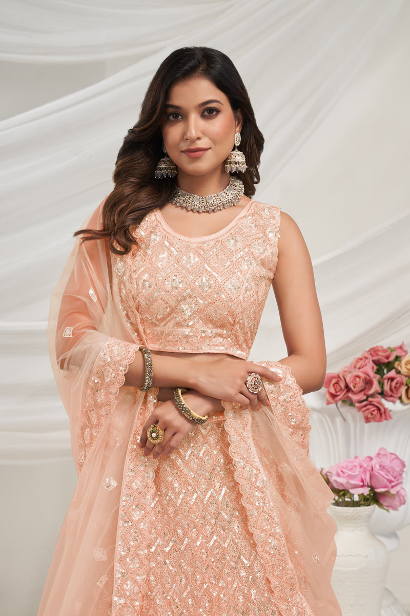 Elegant Peach Soft Net Lehenga Choli with Diamond Sequin Work