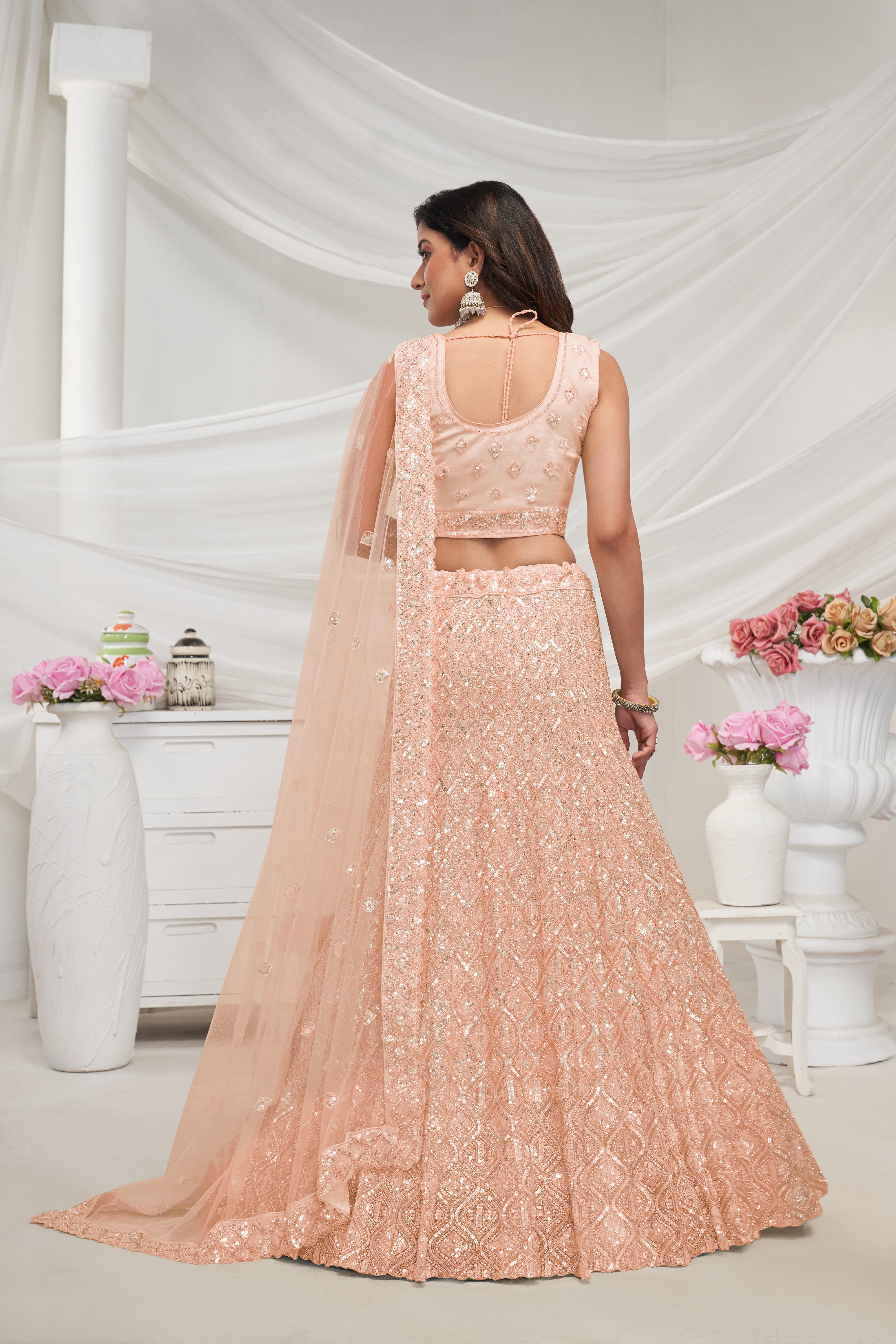 Elegant Peach Soft Net Lehenga Choli with Diamond Sequin Work