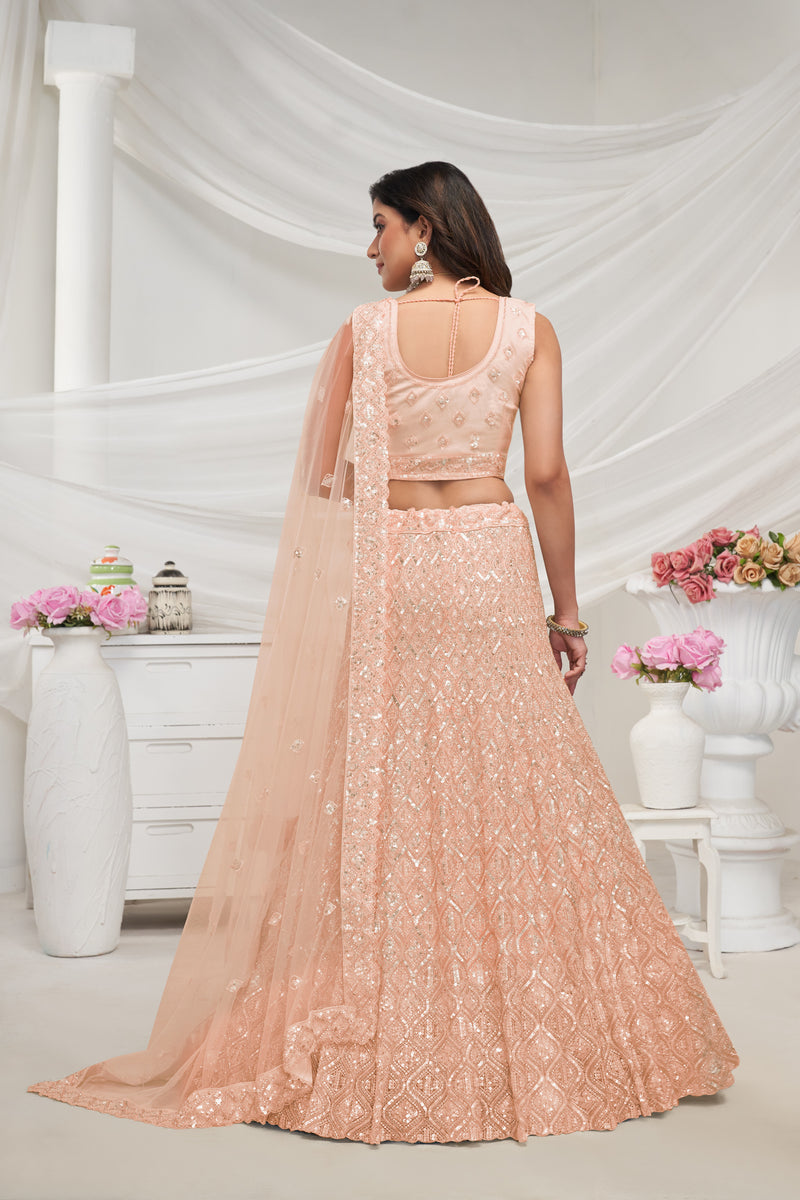 Elegant Peach Soft Net Lehenga Choli with Diamond Sequin Work