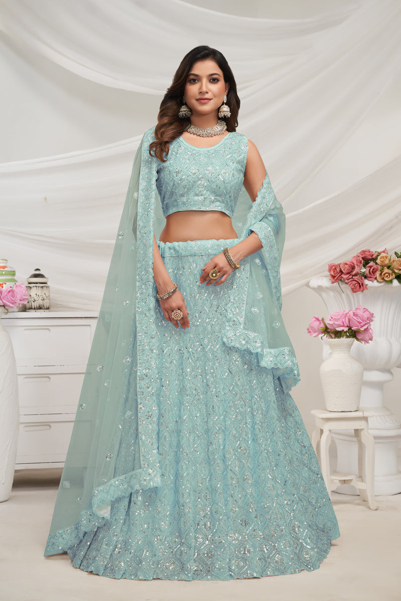 Sky Blue Soft Net Lehenga Choli Set - Diamond Sequin Embroidery