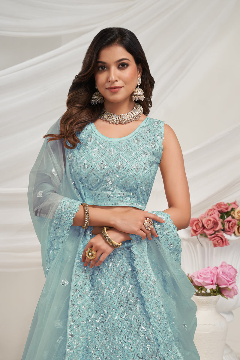 Sky Blue Soft Net Lehenga Choli Set - Diamond Sequin Embroidery