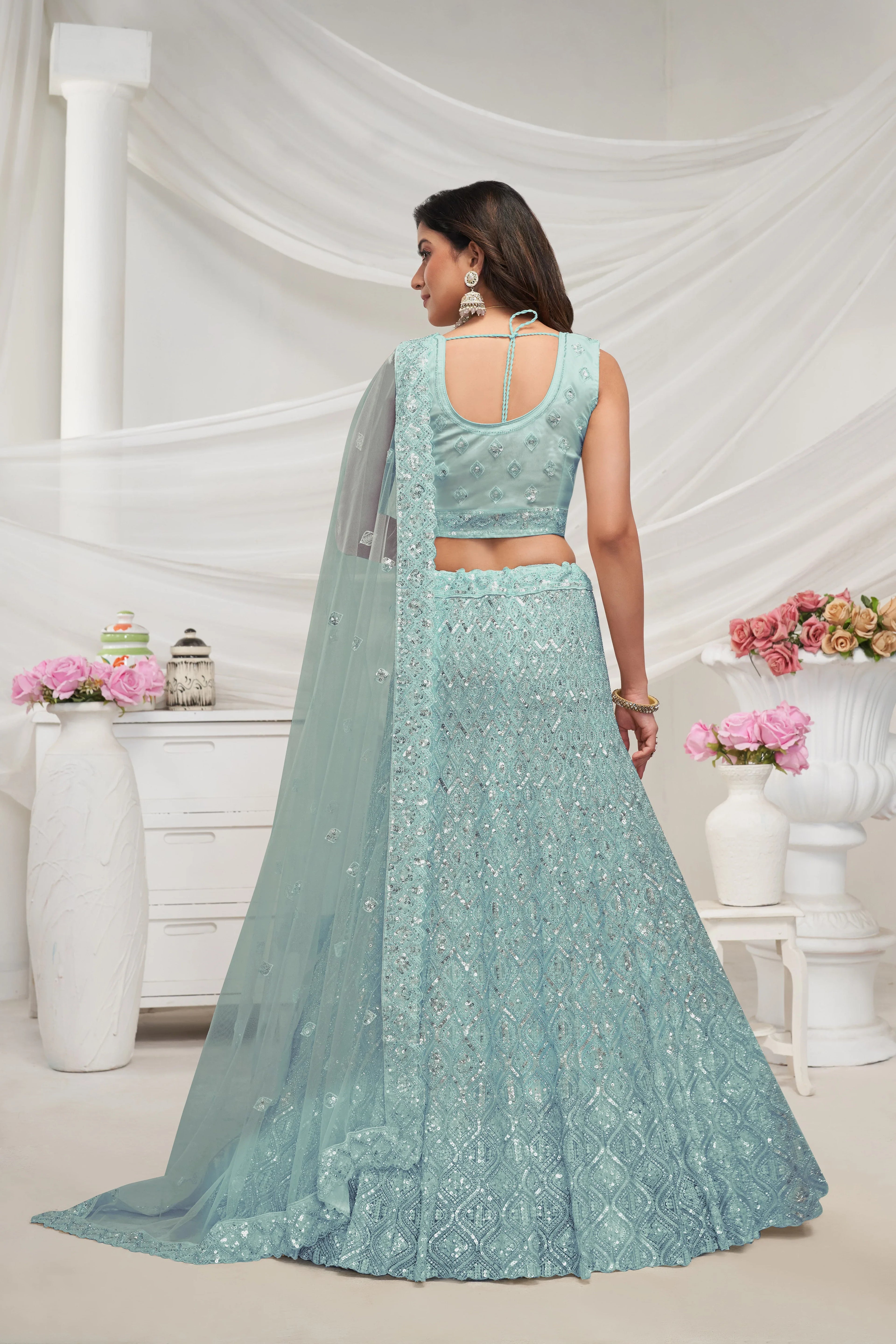 Sky Blue Soft Net Lehenga Choli Set - Diamond Sequin Embroidery