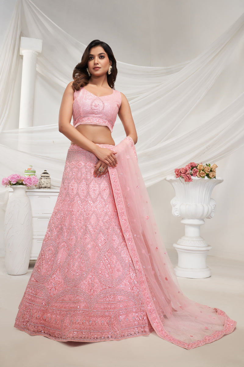 Elegant Pink Soft Net Lehenga Choli with Geometric Rhinestone Work