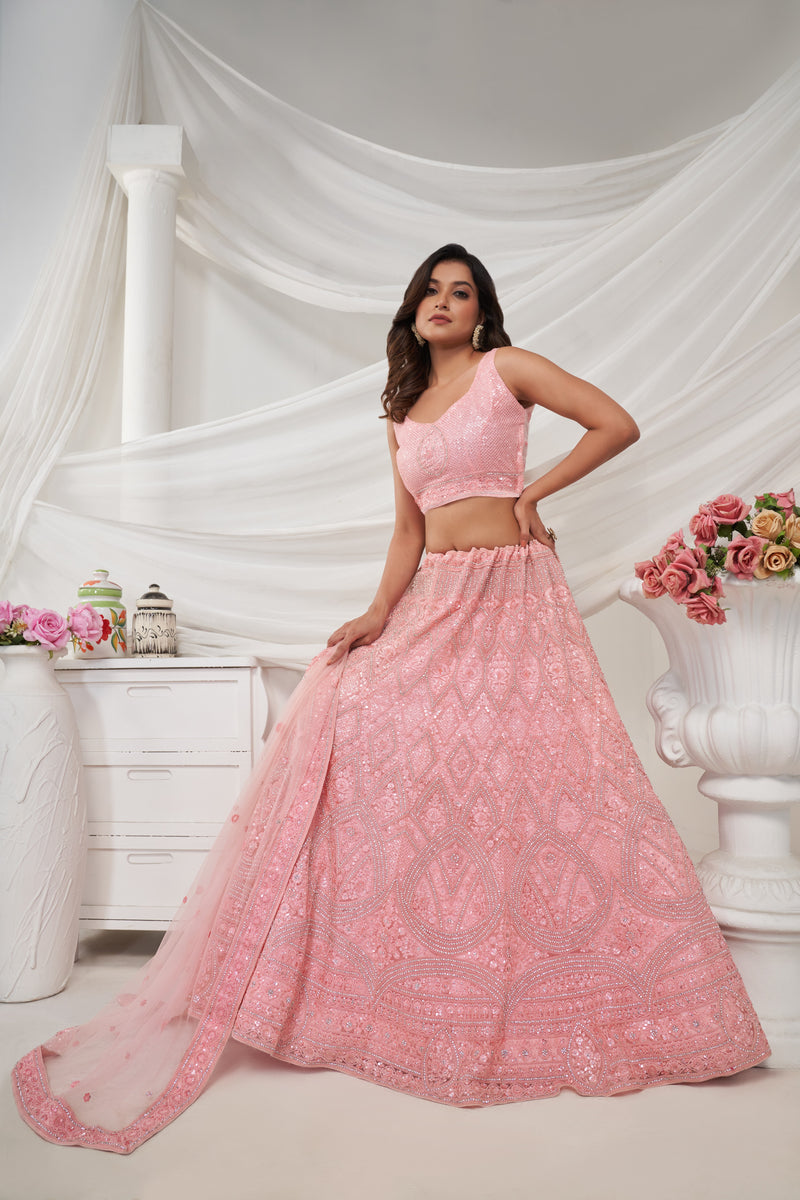 Elegant Pink Soft Net Lehenga Choli with Geometric Rhinestone Work