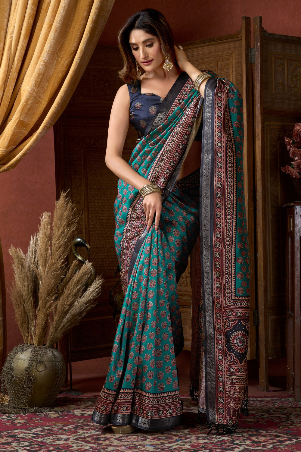 France Blue Pure Cluster Silk Ajarkh Digital Printed Saree 