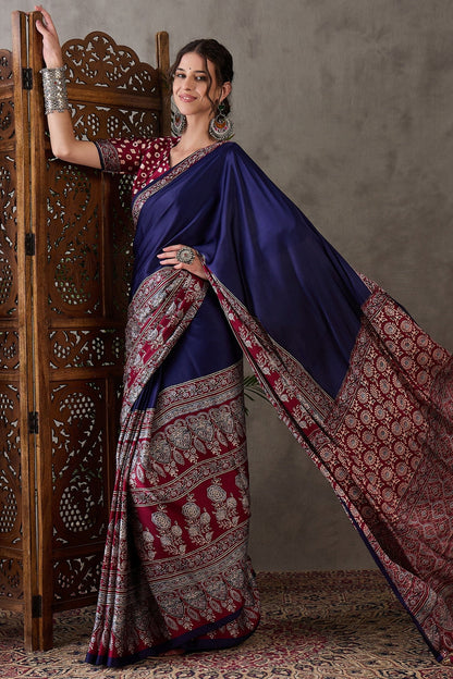 Navy Blue Pure Soft Modal Satin Ajrakh Print Satin Saree Japan Satin Saree Anant Tex Exports Pvt.Ltd..