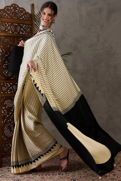 White Printed Satin Gaji Silk Saree 