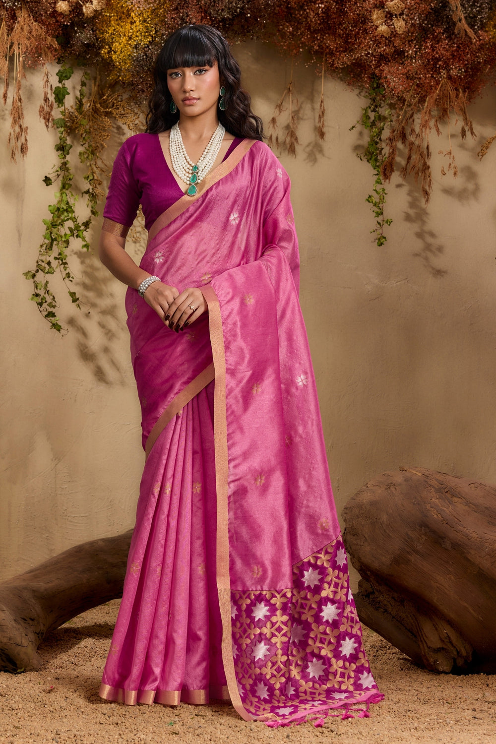 Pink Pure Tussar Handloom Silk Saree 