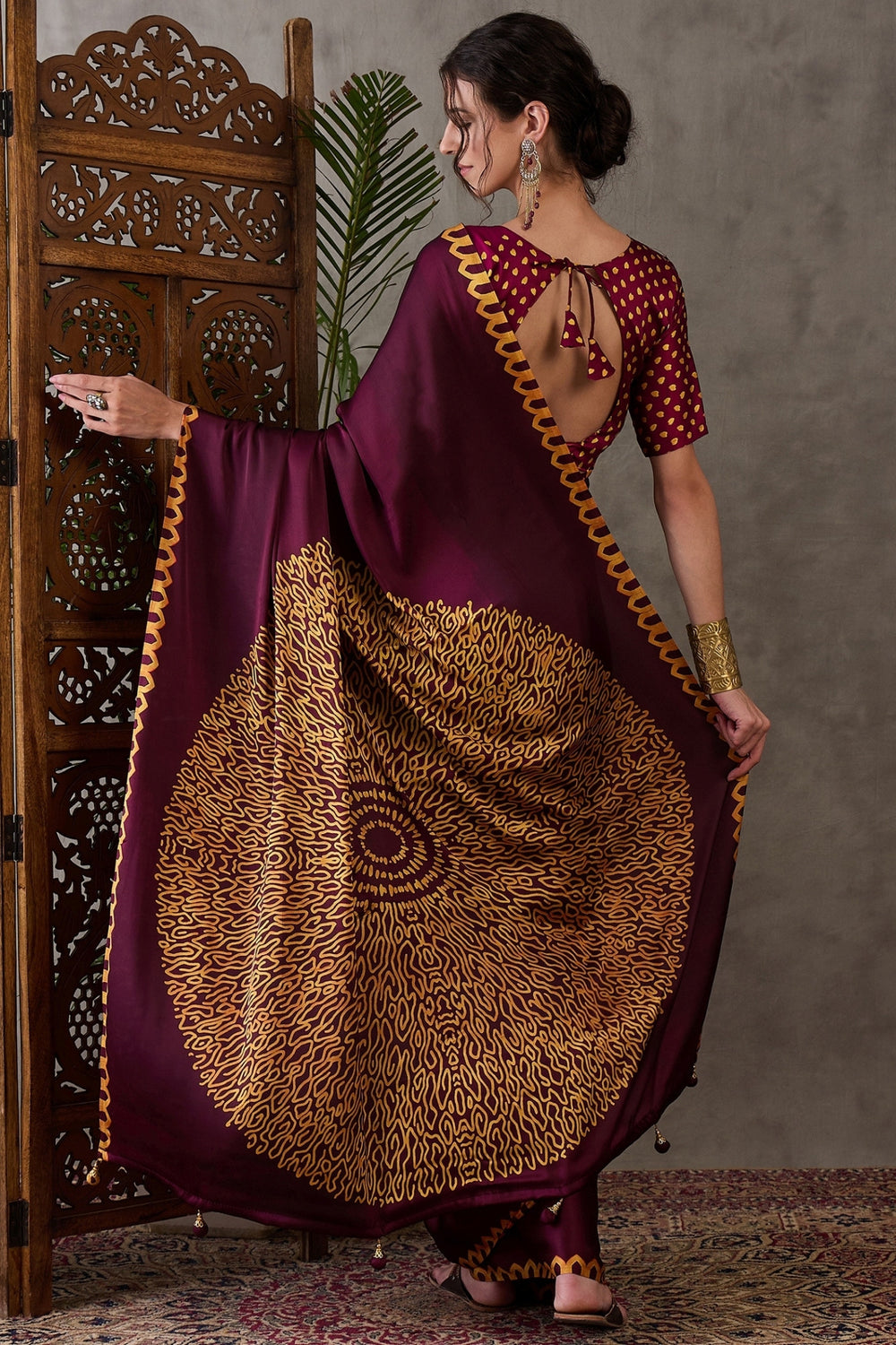 Maroon Pure Gaji Silk Satin Printed Saree ##color## Japan Satin Saree with premium fabric and embroidery