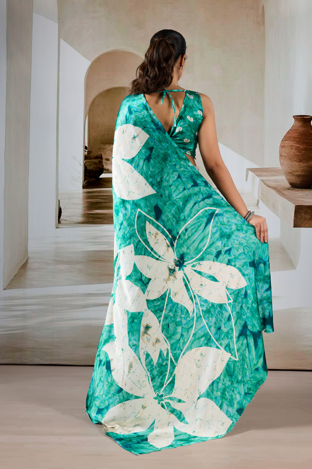 Sea Green Modal Satin Hand Prism Print Saree 