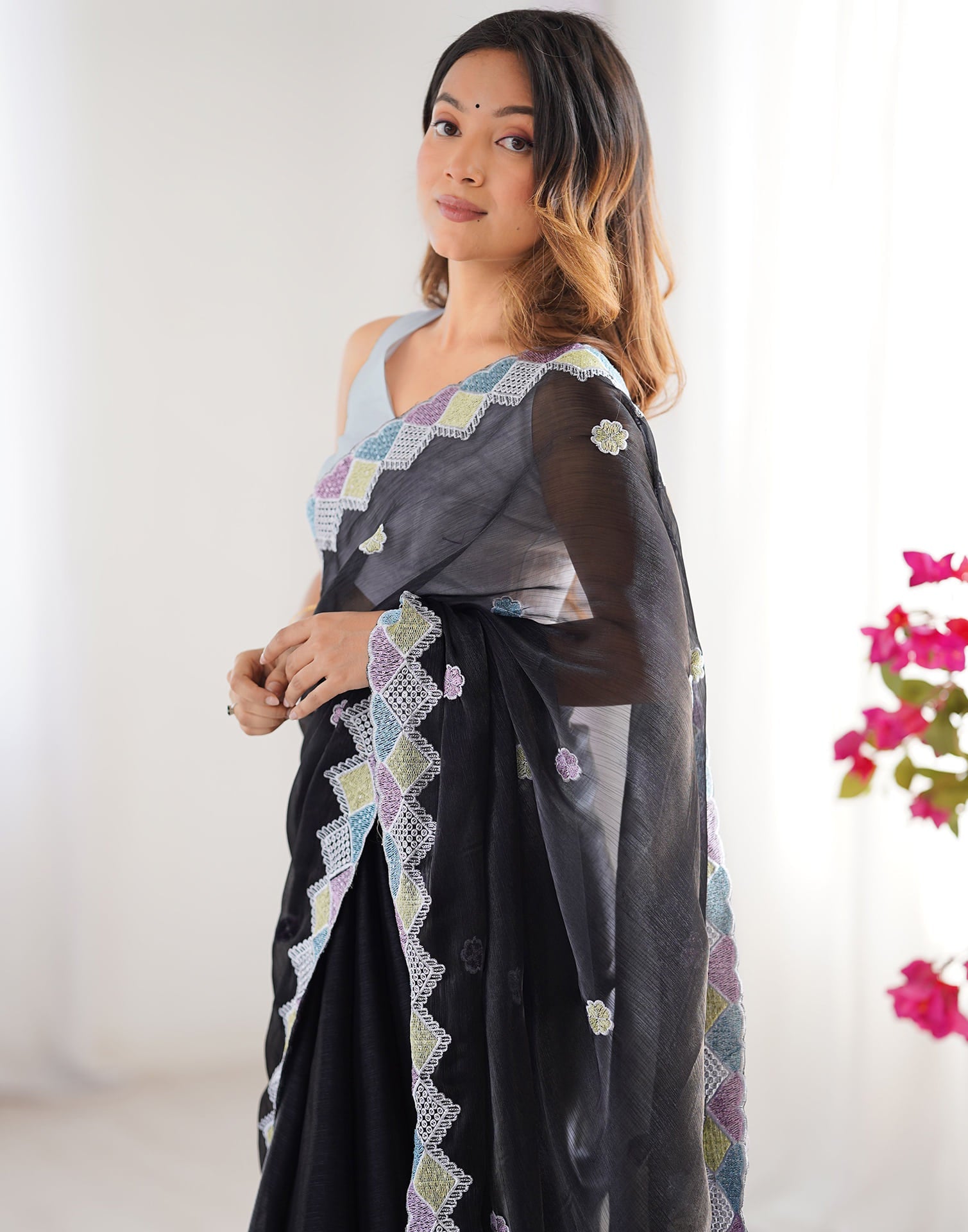 Front View of Black Pure Soft Jimmy Choo Saree