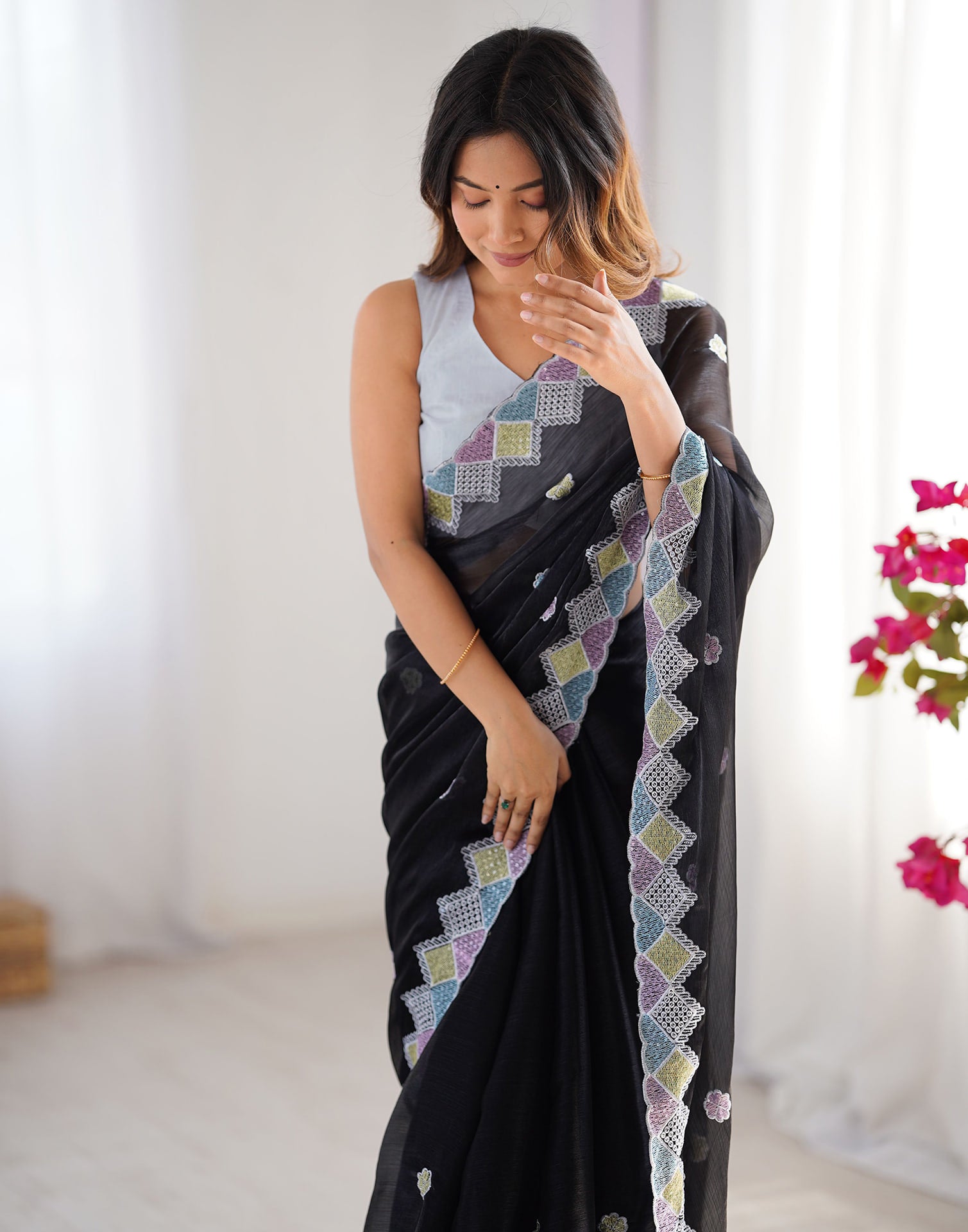 Close up of Black Pure Soft Jimmy Choo Saree