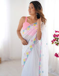 Front View of White Pure Soft Jimmy Choo Saree