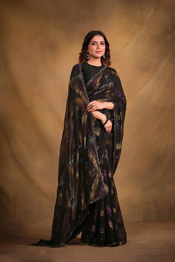 Women's Designer Party Wear Black Colour Jari Jacquard Print Saree