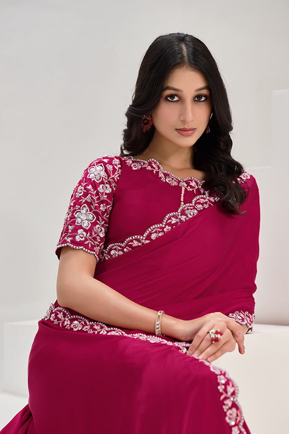 Pink Crepe Satin Silk Sequence Saree with Unstitched Blouse