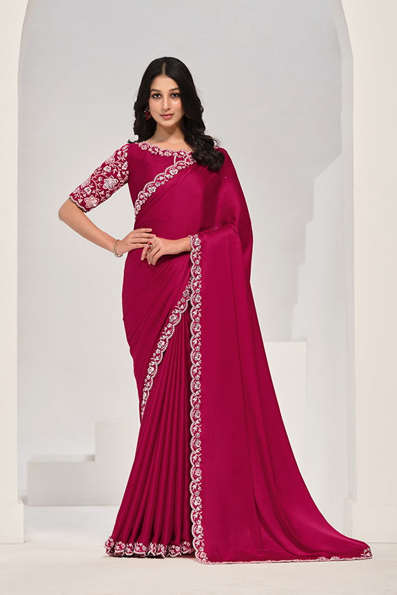 Pink Crepe Satin Silk Sequence Saree with Unstitched Blouse