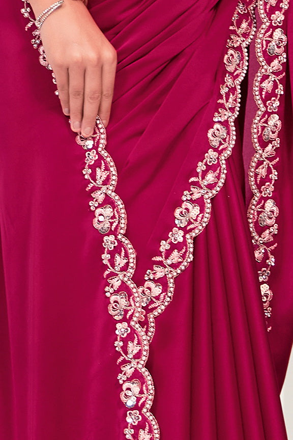 Pink Crepe Satin Silk Sequence Saree with Unstitched Blouse