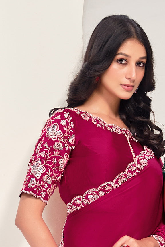 Pink Crepe Satin Silk Sequence Saree with Unstitched Blouse