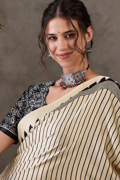 White Printed Satin Gaji Silk Saree 