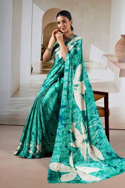 Sea Green Modal Satin Hand Prism Print Saree 